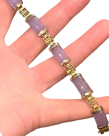 Sterling silver 925 Gold plt Lucky chinese purple Jade link bracelet