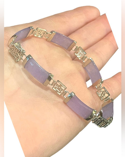 Sterling silver 925 rhodium plt Lucky chinese purple Jade link bracelet