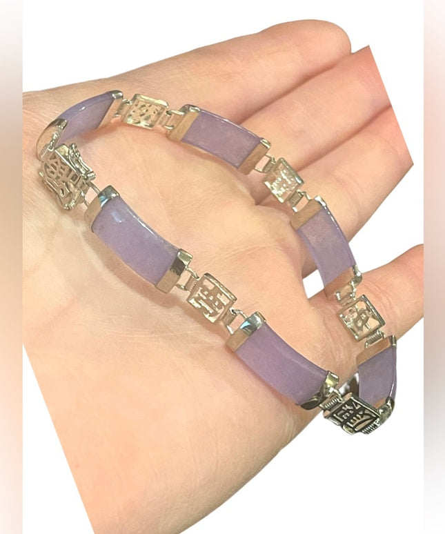 Sterling silver 925 rhodium plt Lucky chinese purple Jade link bracelet