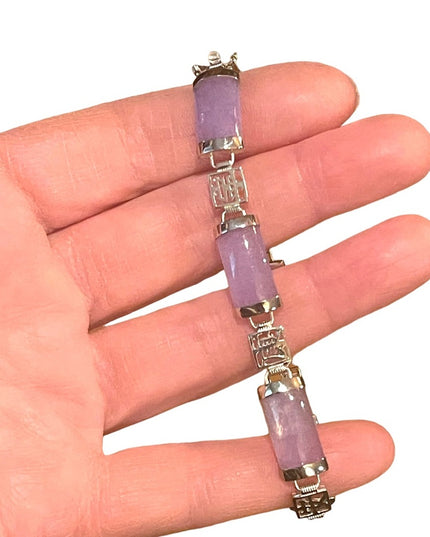 Sterling silver 925 rhodium plt Lucky chinese purple Jade link bracelet