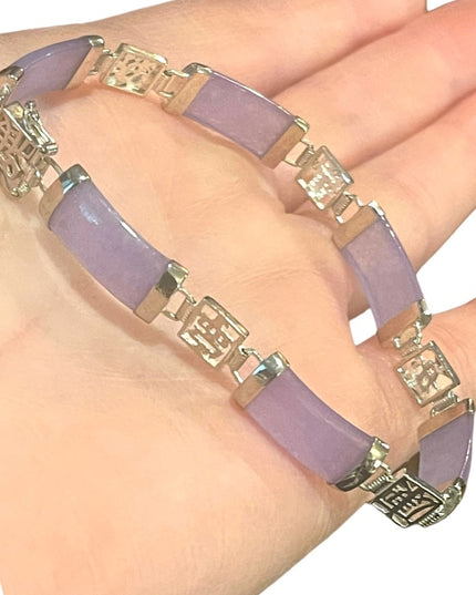 Sterling silver 925 rhodium plt Lucky chinese purple Jade link bracelet