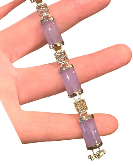 Sterling silver 925 rhodium plt Lucky chinese purple Jade link bracelet