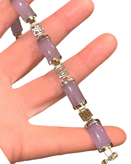 Sterling silver 925 rhodium plt Lucky chinese purple Jade link bracelet