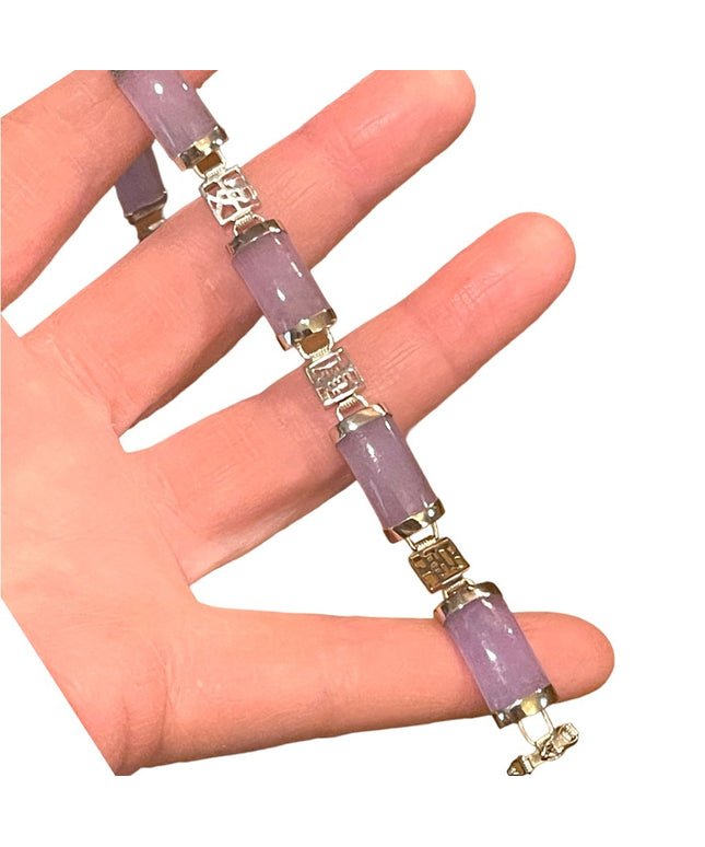 Sterling silver 925 rhodium plt Lucky chinese purple Jade link bracelet