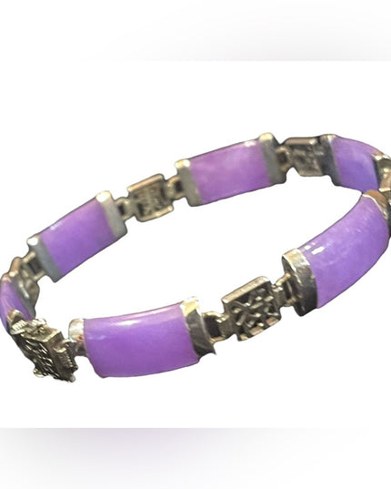 Sterling silver 925 rhodium plt Lucky chinese dark purple Jade link bracelet
