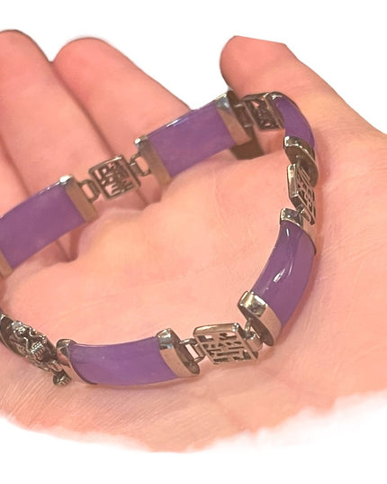 Sterling silver 925 rhodium plt Lucky chinese dark purple Jade link bracelet