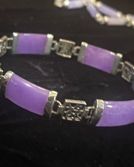 Sterling silver 925 rhodium plt Lucky chinese dark purple Jade link bracelet