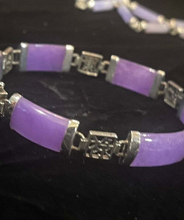 Sterling silver 925 rhodium plt Lucky chinese dark purple Jade link bracelet