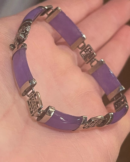 Sterling silver 925 rhodium plt Lucky chinese dark purple Jade link bracelet