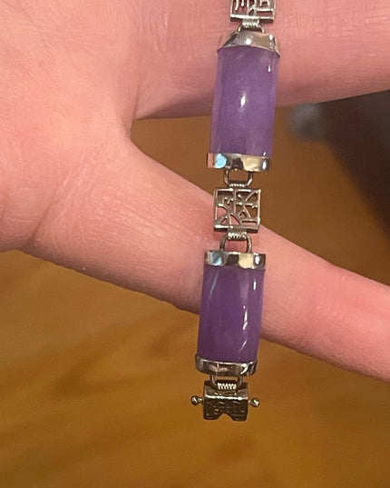 Sterling silver 925 rhodium plt Lucky chinese dark purple Jade link bracelet