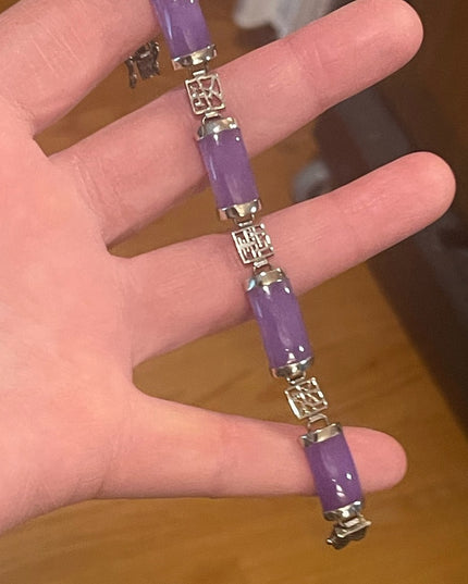 Sterling silver 925 rhodium plt Lucky chinese dark purple Jade link bracelet