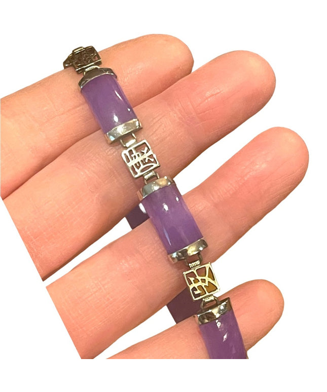 Sterling silver 925 rhodium plt Lucky chinese dark purple Jade link bracelet