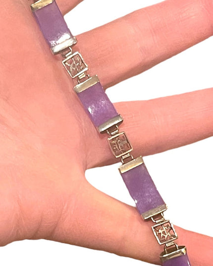 Sterling silver 925 rhodium plt Lucky chinese dark purple Jade link bracelet