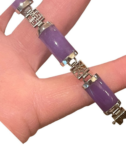 Sterling silver 925 rhodium plt Lucky chinese dark purple Jade link bracelet