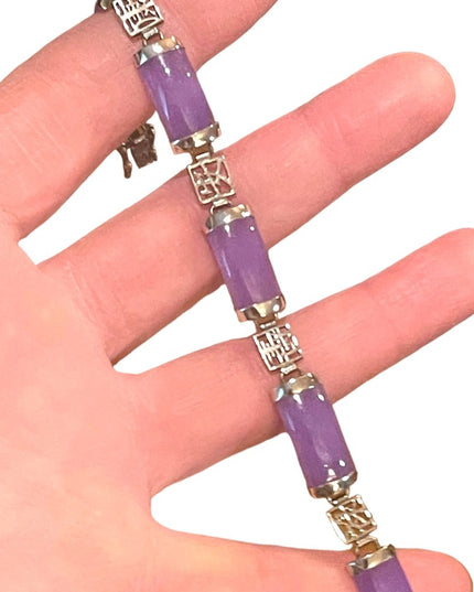 Sterling silver 925 rhodium plt Lucky chinese dark purple Jade link bracelet