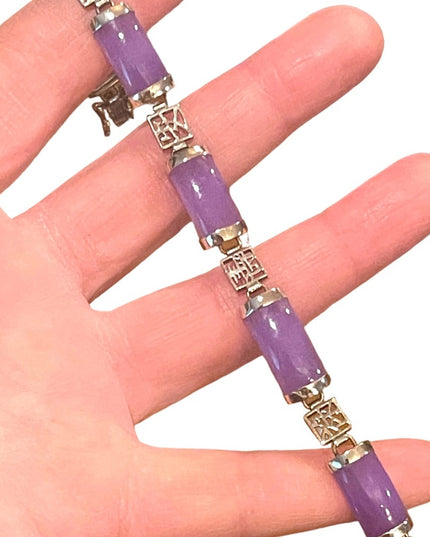 Sterling silver 925 rhodium plt Lucky chinese dark purple Jade link bracelet