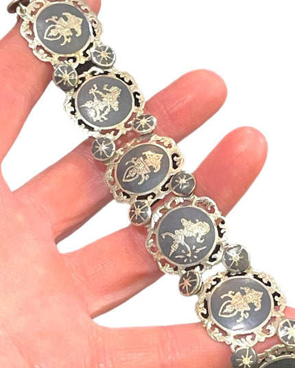 VTG Sterling silver 925 Siam goddess fancy ornate etched black enamel bracelet