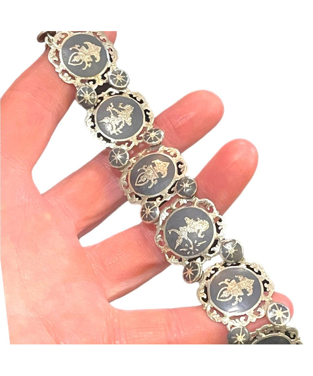 VTG Sterling silver 925 Siam goddess fancy ornate etched black enamel bracelet