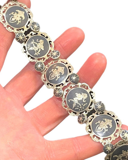 VTG Sterling silver 925 Siam goddess fancy ornate etched black enamel bracelet