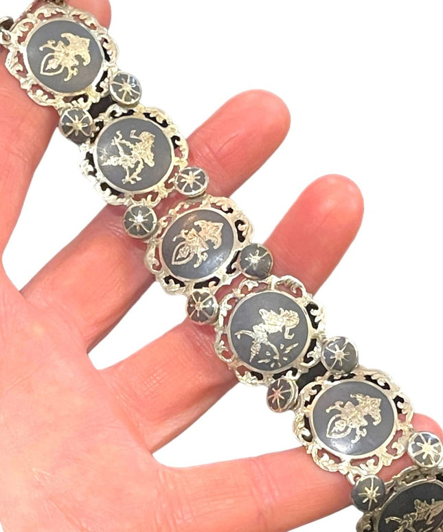 VTG Sterling silver 925 Siam goddess fancy ornate etched black enamel bracelet