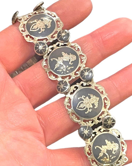 VTG Sterling silver 925 Siam goddess fancy ornate etched black enamel bracelet
