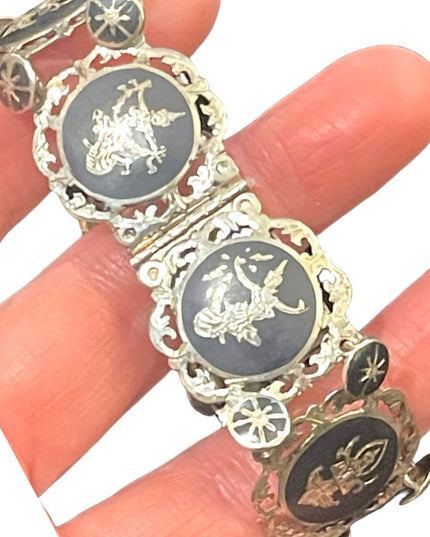 VTG Sterling silver 925 Siam goddess fancy ornate etched black enamel bracelet