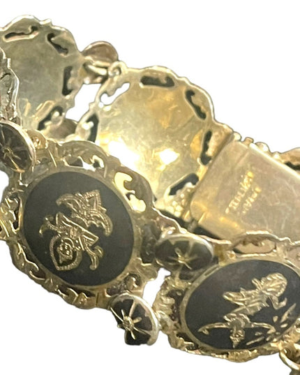 VTG Sterling silver 925 Siam goddess fancy ornate etched black enamel bracelet