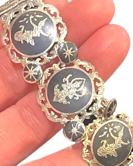VTG Sterling silver 925 Siam goddess fancy ornate etched black enamel bracelet