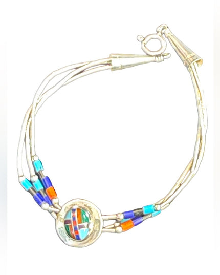 Vintage Native Southwestern ZUNI Stone inlay 925 Liquid sterling silver bracelet