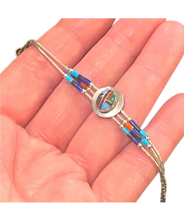 Vintage Native Southwestern ZUNI Stone inlay 925 Liquid sterling silver bracelet