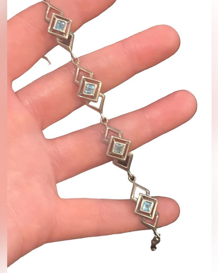 Sterling silver 925 Geometric fancy blue glass link bracelet