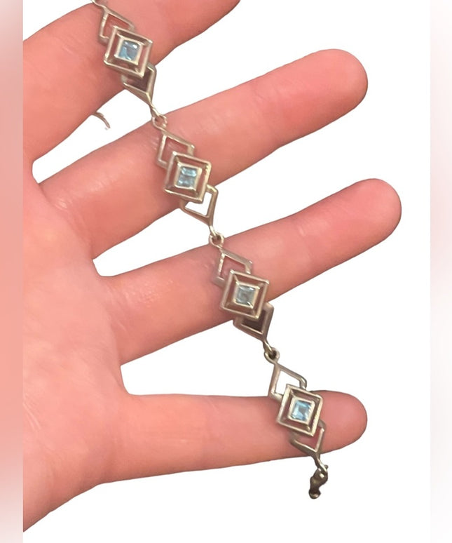 Sterling silver 925 Geometric fancy blue glass link bracelet