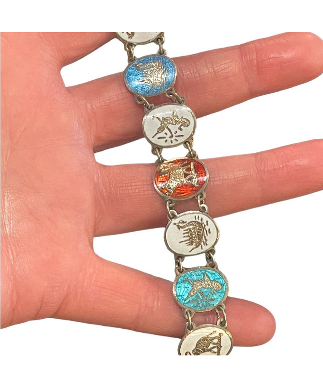 Vintage 925 Sterling silver multi color enameled Siam Goddess bracelet