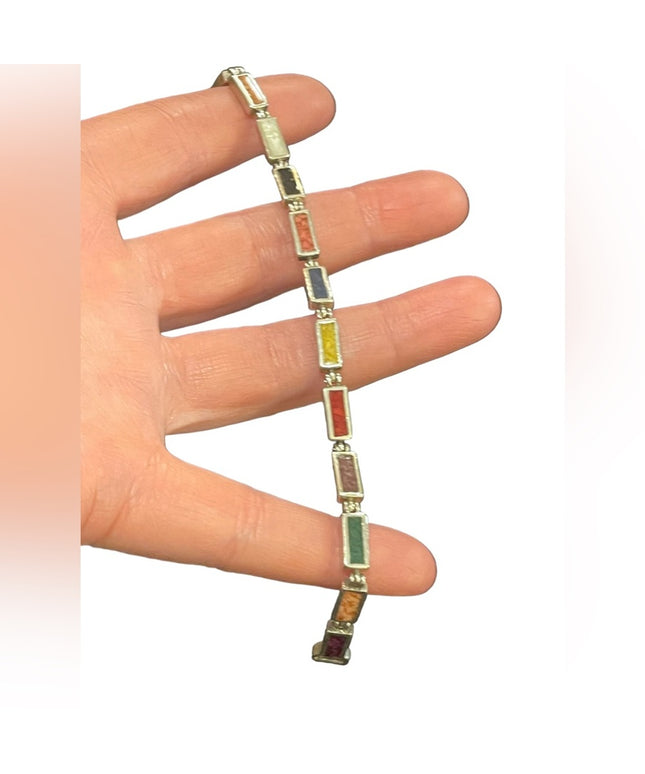 Vintage sterling silver 925  multi color crushed stone link bracelet Hallmarked