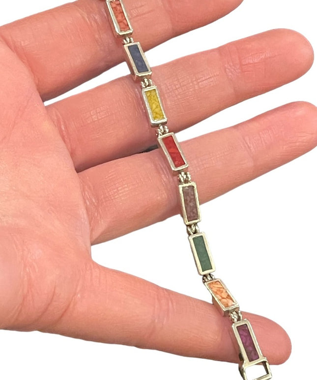 Vintage sterling silver 925  multi color crushed stone link bracelet Hallmarked