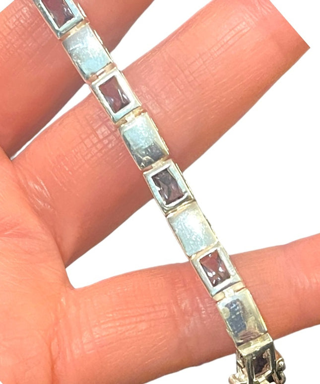 Sterling silver 925 Fancy purple synthetic amethyst Link bracelet