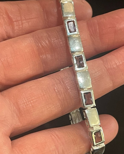 Sterling silver 925 Fancy purple synthetic amethyst Link bracelet