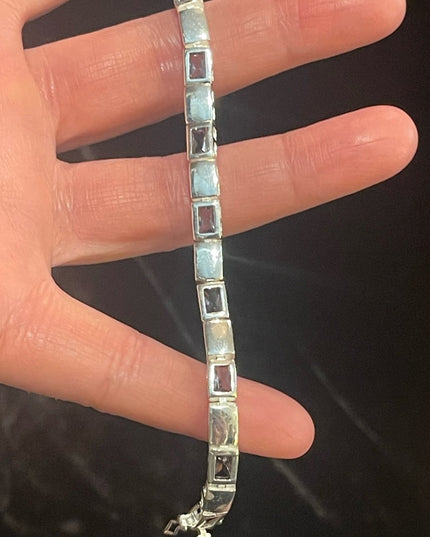 Sterling silver 925 Fancy purple synthetic amethyst Link bracelet