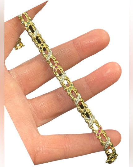 Sterling silver 925 gold plt multi gemstone fancy X link bracelet ruby emerald