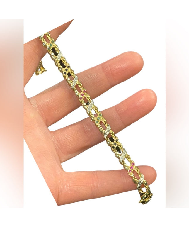 Sterling silver 925 gold plt multi gemstone fancy X link bracelet ruby emerald
