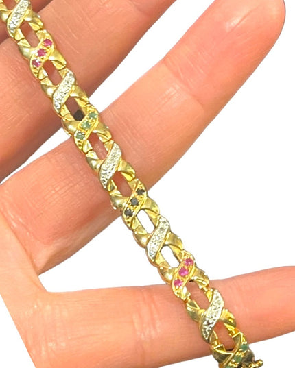 Sterling silver 925 gold plt multi gemstone fancy X link bracelet ruby emerald