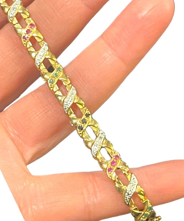 Sterling silver 925 gold plt multi gemstone fancy X link bracelet ruby emerald