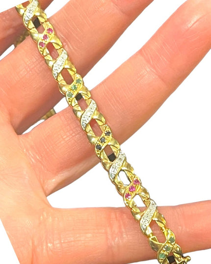Sterling silver 925 gold plt multi gemstone fancy X link bracelet ruby emerald