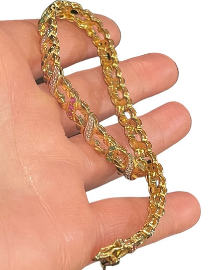 Sterling silver 925 gold plt multi gemstone fancy X link bracelet ruby emerald
