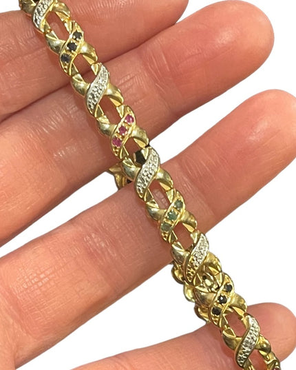 Sterling silver 925 gold plt multi gemstone fancy X link bracelet ruby emerald