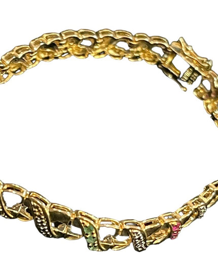 Sterling silver 925 gold plt multi gemstone fancy X link bracelet ruby emerald