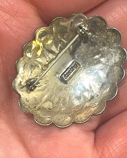 Vintage Navajo Southwestern 925 Sterling Etched concho brooch hand made