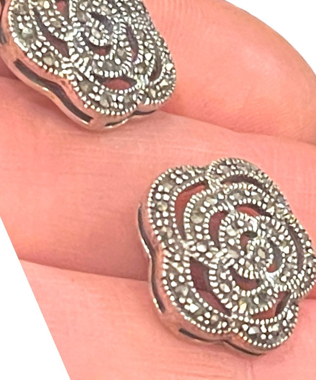 Vintage Sterling silver 925 Fancy Marcasite flower earrings