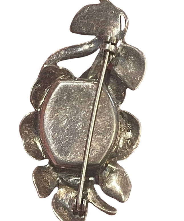 Vintage sterling silver 925 fancy marcasite flower watch memories case brooch