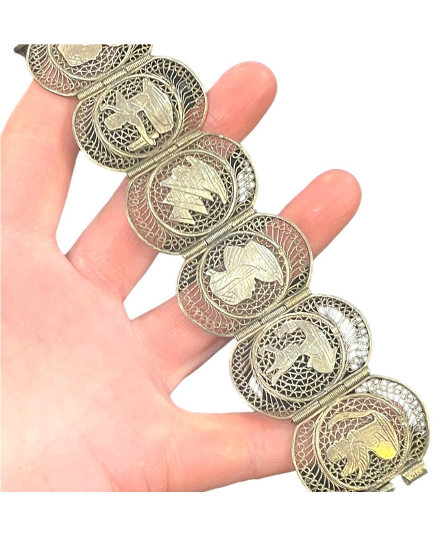 Antique 800 silver filagree Egyptian egypt etched symbols Large bracelet